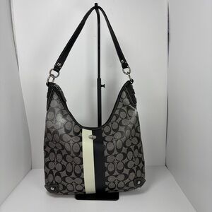 Coach Signature Stripe Hobo Shoulder Bag Black Gray Blue Interior 2009